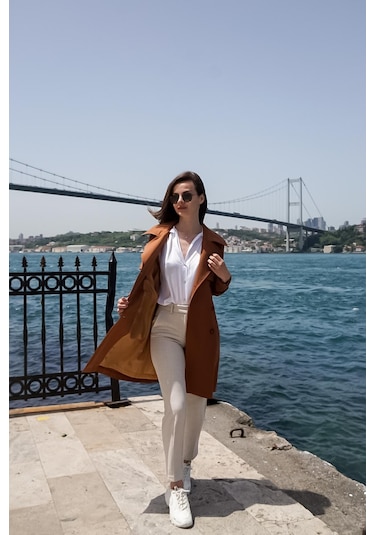 Pastelastore %100 Pamuk Gabardin Midi 95cm Astarlı Kemerli Kadın Trençkot 1113 Taba