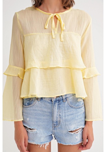 4735 Kadın Uzun Kollu Fırfırlı Bağlamalı Bluz Sarı Sari