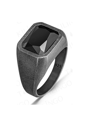 925 Ayar Gümüş Oksitli Siyah Zirkon Taşlı Sade Erkek Yüzük Gümüş