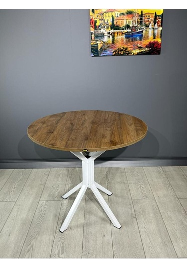 Saray Ceviz Beyaz Yuvarlak Mutfak Masası Yemek Masası Balkon Masası Metal Beyaz Ayak 80 Cm