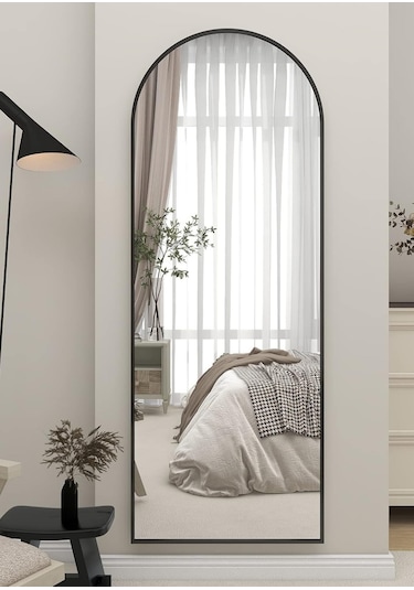 Zer 160x55 Kemerli Zemin Aynası,tam Boy Aynalı Duvar Aynası, Yatak Odası, Giyinme Odası İçin Standlı Siyah