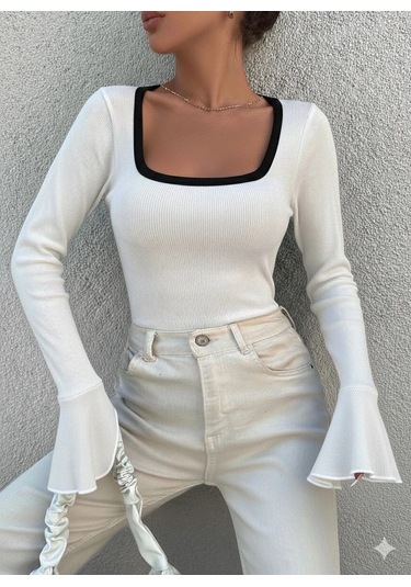 Biçomi Kare Yaka Garni Detay İspanyol Kol Bluz Beyaz A3105 Beyaz