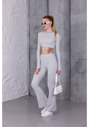 Kadın İspanyol Paça Pantolon Uzun Kollu Parmak Geçirmeli Crop Takım Gri