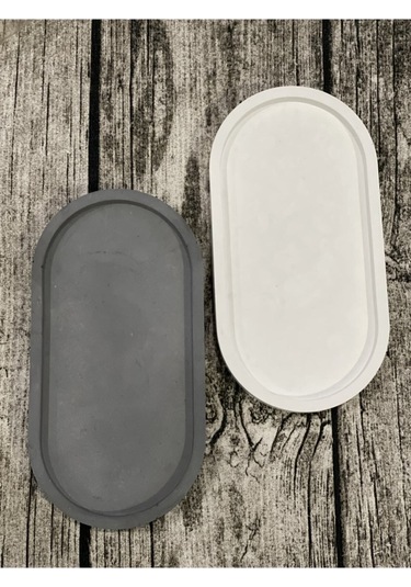 2'li Dekoratif Oval Sunumluk Seti, Dekoratif Biblo Takı Tabağı, Saksılık,tütsülük,mumluk - Gri- Krem