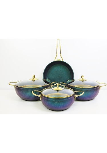 Evita 7 Parça Granit Cam Kapaklı Küre Güveç Tencere Seti Yeşil
