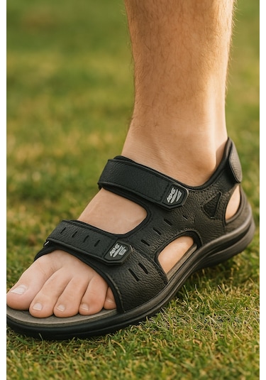 Günlük Erkek Sandalet Kalın Ortopedik Dikişli Taban Cırtlı Havuz Deniz Ayakkabısı 5201 Siyah