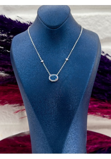 925 Ayar Gümüş Aquamarin Taşlı Özel Tasarım Zarif Kadın Kolye Gümüş