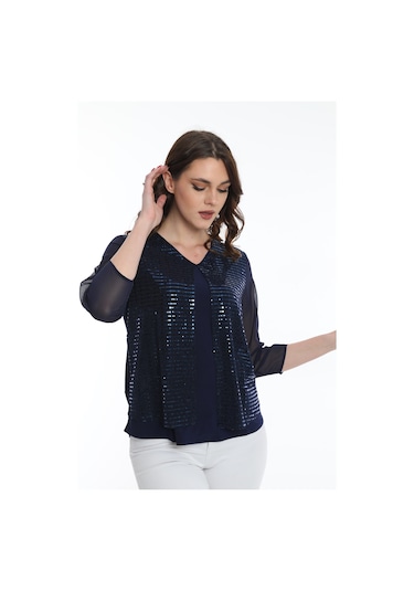 Ella Camelia Kadın Kolları Tül Detaylı Bluz 19E040 Lacivert