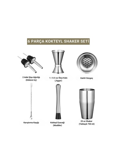 Coofbe Profesyonel Paslanmaz Çelik 750ml 6 Parça Kokteyl Seti Kokteyl Hazırlama Bar Shaker Seti