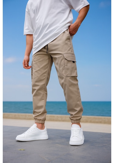 Kargo Cepli Paraşüt Kumaş Bej Renk Erkek Pantolon-1816 Bej