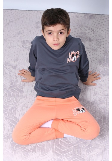 Erkek Çocuk Kapşonlu Eşofman Takımı Mickey Mouse Sırt Baskılı Ribanalı F3 Turuncu