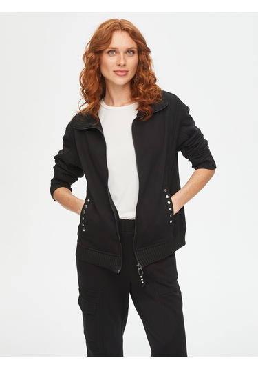 Kendinden Jakarlı Garnili Trok Taş Detaylı Eşofman Üst 69266 U6926610 Siyah