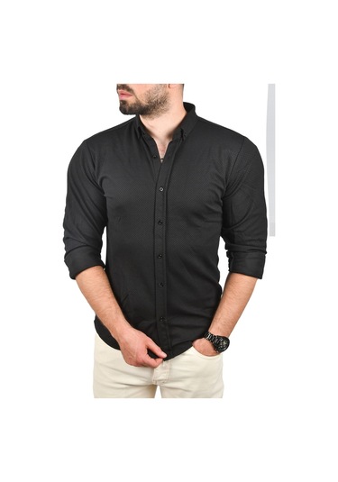 Deepsea Erkek Siyah Slim Fit Dar Kesim Dokulu Spor Gömlek Likralı Pamuklu Esnek Kumaş Gömlek 2001810 Siyah