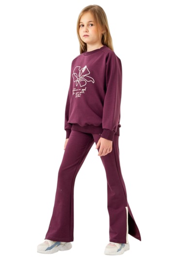 Kız Çocuk Çiçek Yazı Desenli Bordo Renk Eşofman Takımı Bordo