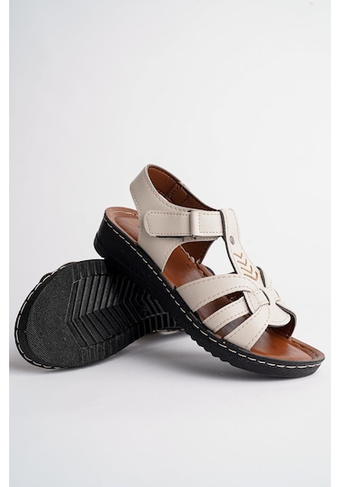 Muggo Soft Kadın Garantili Günlük Ortopedik Kaymaz Taban Comfort Rahat Sandalet Krem