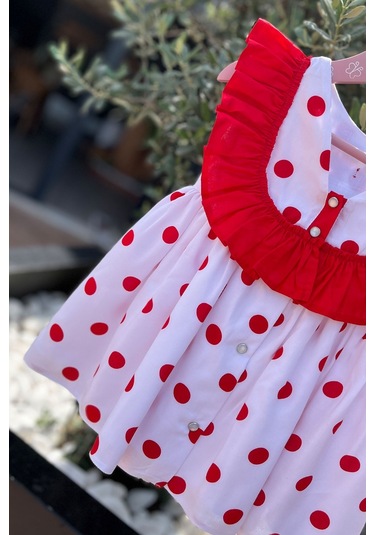 Kırmızı Fırfır Ve Benekli Beyaz Pamuklu Yazlık Elbise 001