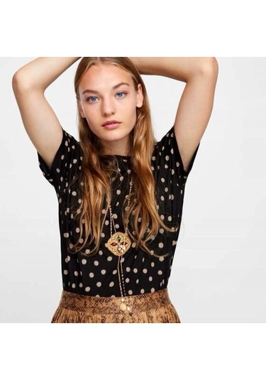Escbutik Kadın Oversize Geniş Kalıp Puantiyeli Tişört T-shirt SIYAH