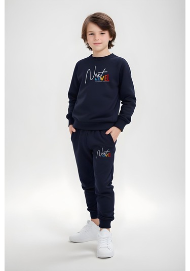 Erkek Çocuk Bisiklet Yaka Next Level Baskılı Eşofman Takımı Lacivert