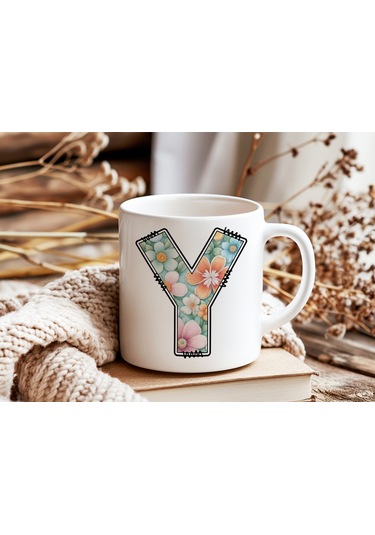 Y Harfli Pastel Çiçek Desenli Kahve Kupası - Kişiye Özel Çiçekler Koleksiyonu Bardak - Hediye Beyaz