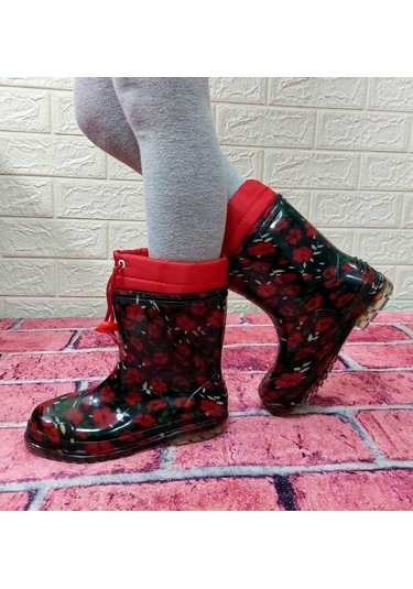 Çağrı Kırmızı Çiçekli Siyah İçi Yünlü Kız Çocuk Konçlu Yağmur Çizmesi 001