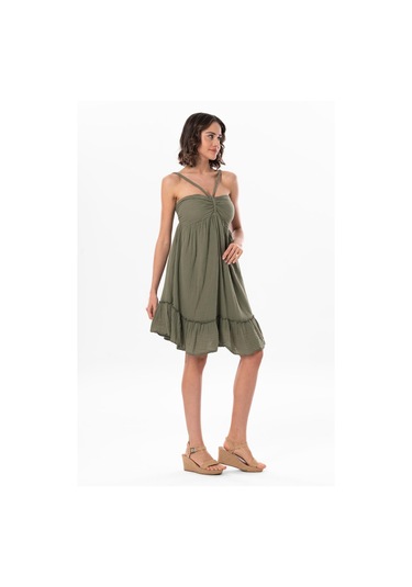 Alanya Boyundan Bağlamalı Kısa Yazlık Müslin Elbise Haki Hk-haki