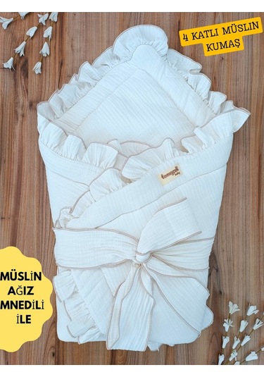 4 Katlı Müslin Bebek Battaniyesi Ekrı Kız Erkek Bebek Dış Kundak Hastane Çıkışı Hediyelik Yenidoğan Ekru