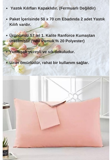 Pudra Renkli Pamuklu Ranforce Kumaştan Yastık Kılıfı 2 Adet