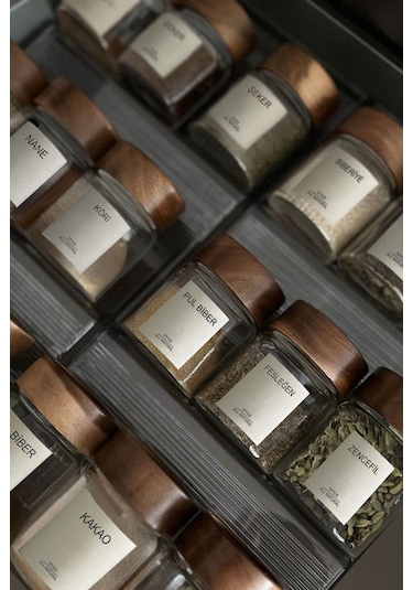 Acassia 12'li Akasya Kapaklı Borosilikat Cam Baharatlık Takımı / 56 Adet Etiket Hediyeli / 200ml Şeffaf