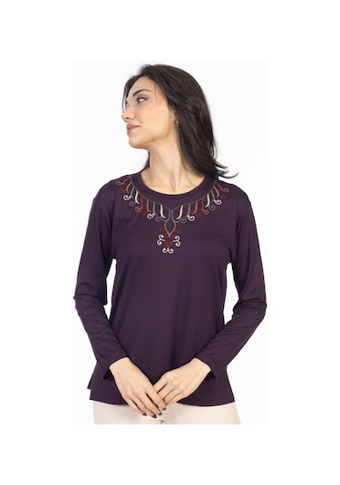 Yeni Model 2024 Nakış İşlemeli Yuvarlak Yaka Likralı Anne Penye Bluz 6450-mürdüm