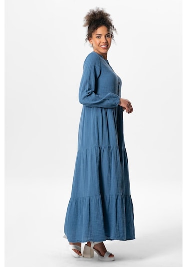 Uzun Kol Akay Uzun Düğme Detay Yazlık Müslin Elbise İndigo İndg-indigo İndigo
