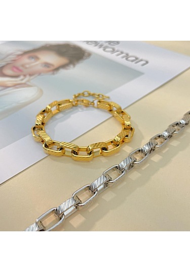 Altın Altın/gümüş Renk Dimi Kare Çizgi Paslanmaz Çelik Bilezik Takı Aksesuarları Trend Erkekler Ve Kadınlar Titanyum Çelik Bilezik