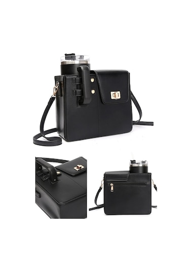 Prestigegoods Kadın Pu Deri Omuz Çantası - İçecek Şişesi & Su Bardağı - Stanley, Gatorade Uyumlusu - Siyah Siyah