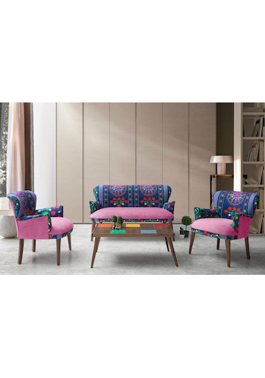 Azra Mobilya - Roma Çay Seti Koltuk Takımı - Etnik Desen Kumaş - Ahşap Demonte Ayak Etnik Desen - Pembe