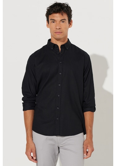 AC&Co / Altınyıldız Classics Erkek Sıyah Comfort Fit Rahat Kesim Düğmeli Yaka Keten Gömlek - Siyah