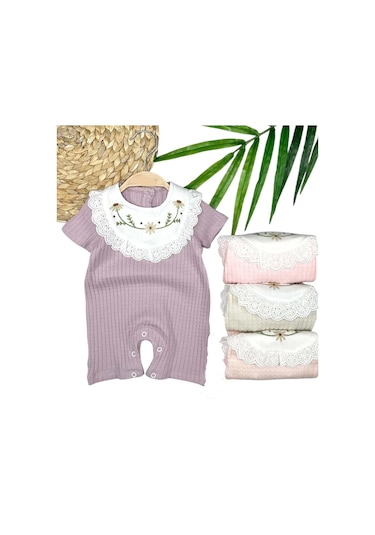 3-6-9-12 Ay Bebe Yaka Çiçek Nakışlı Pamuklu Petek Penye Yazlık Kız Bebek Tulumu SOMON