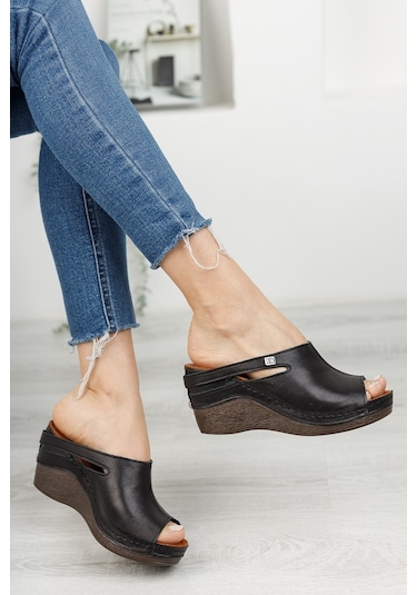 Hakiki Deri Dolgu Topuk Kadın Terlik