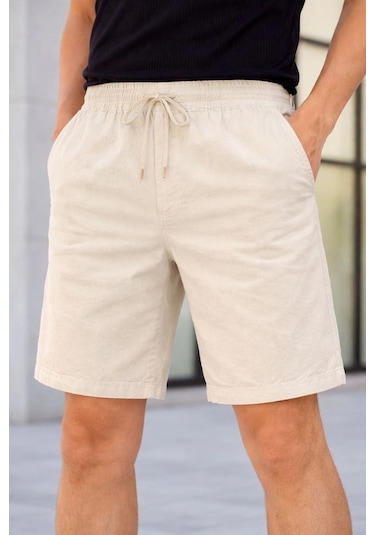 Erkek Keten Kumaş Cepli Rahat Kesim Bel Lastikli Şort - Krem