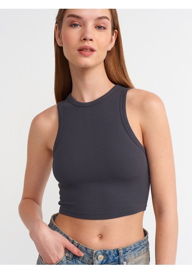 Dilvin Dikiş Efektli Crop Top Antrasit