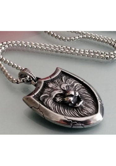 Paslanmaz Çelik Kabaratma Desen Aslan Kolye / 70 Cm Zincirli Gümüş