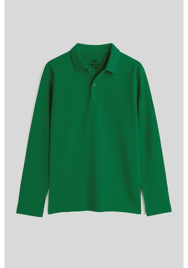 Yeşil Polo Yaka Basic Uzun Kollu Unisex Çocuk T-shirt - 11170 Yeşil