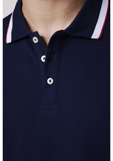 Tudors Erkek Polo Yaka Slim Fit Yaka Ve Kol Şeritli Pike Lacivertvert Tişört-27689-Lacivertvert Lacivert