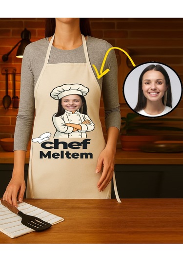 Kişiye Özel Karikatür Fotoğraflı Ve İsimli Mutfak Önlüğü Chef Tasarımlı 2 Krem