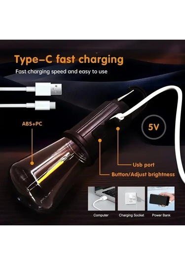 Rustik Taşınabilir Şarjlı Tasarruflu Ampul 10w Led Lamba Type-c Şarj Askılı Asma Aydınlatma T020 53 Çok Renkli