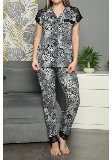 Kadın Pijama Takımı Kısa Kollu Düğmeli Pamuk Likralı GRİ Gri