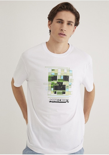 Mavi - Minecraft Baskılı Beyaz Tişört 0612734-620 Beyaz