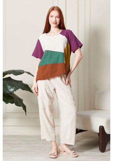 Keten Gökkuşağı Asimetrik Kesim Bluz Renkli Ve Şık Tasarım Mürdüm