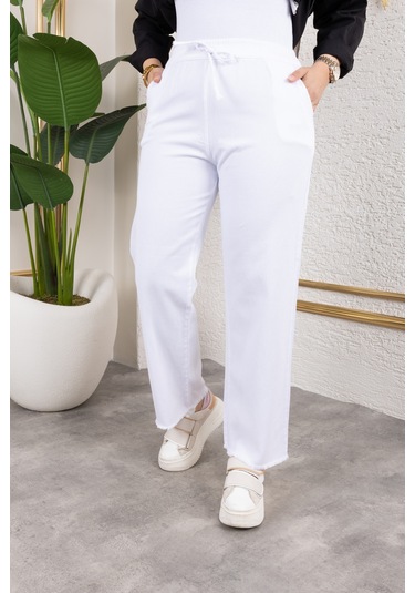 Beli Lastikli Keten Pantolon - Beyaz / A0104 Beyaz