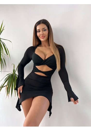 Flare Kollu Seksi Bodycon Siyah Mini Elbise Siyah