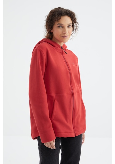 Tommy Life Fiesta Kapüşonlu Fermuarlı Rahat Form Kadın Polar Sweatshirt - 97233 Kırmızı