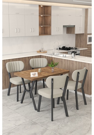Gnr 70x110cm Sabit Atlantik Mutfak Masası Takımı, Yemek Masası, 4 Modern Krem Sandalye Gri